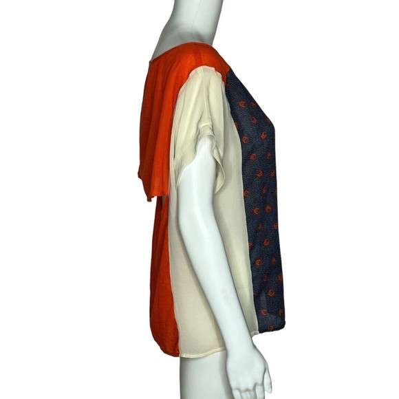 Urban Outfitters Cooperative Blouse Navy Blue Orange‎ Slit Open Back Semi Sheer - Picture 2 of 7